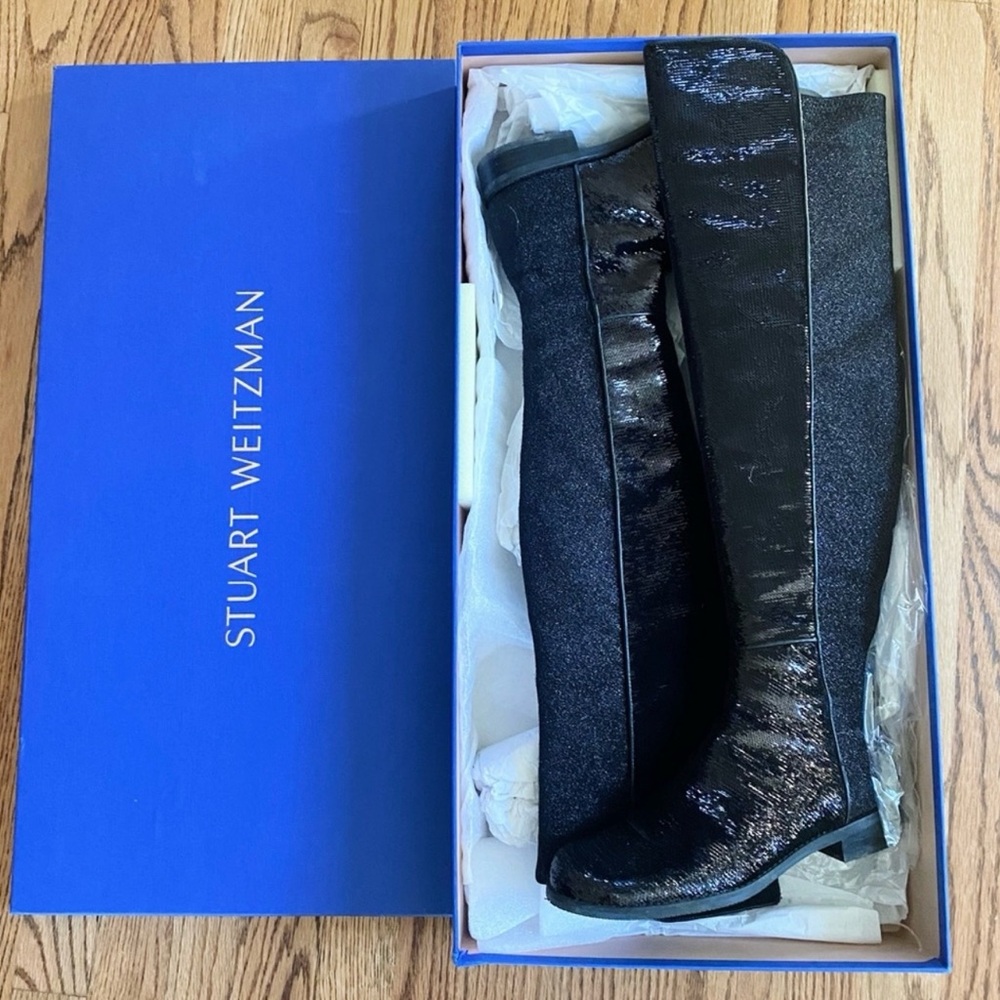 Stuart Weitzman Shimmering Black Over the Knee Boots